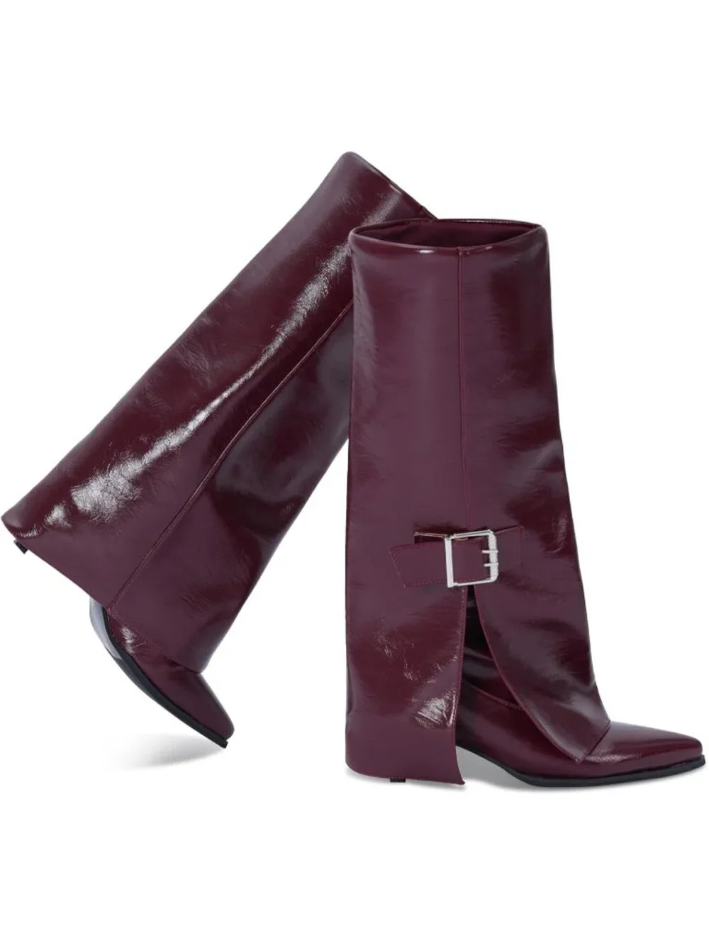 Women's Burgundy Fold Over Shark Buckle Kitten Heels Wide Calf Knee High Boots